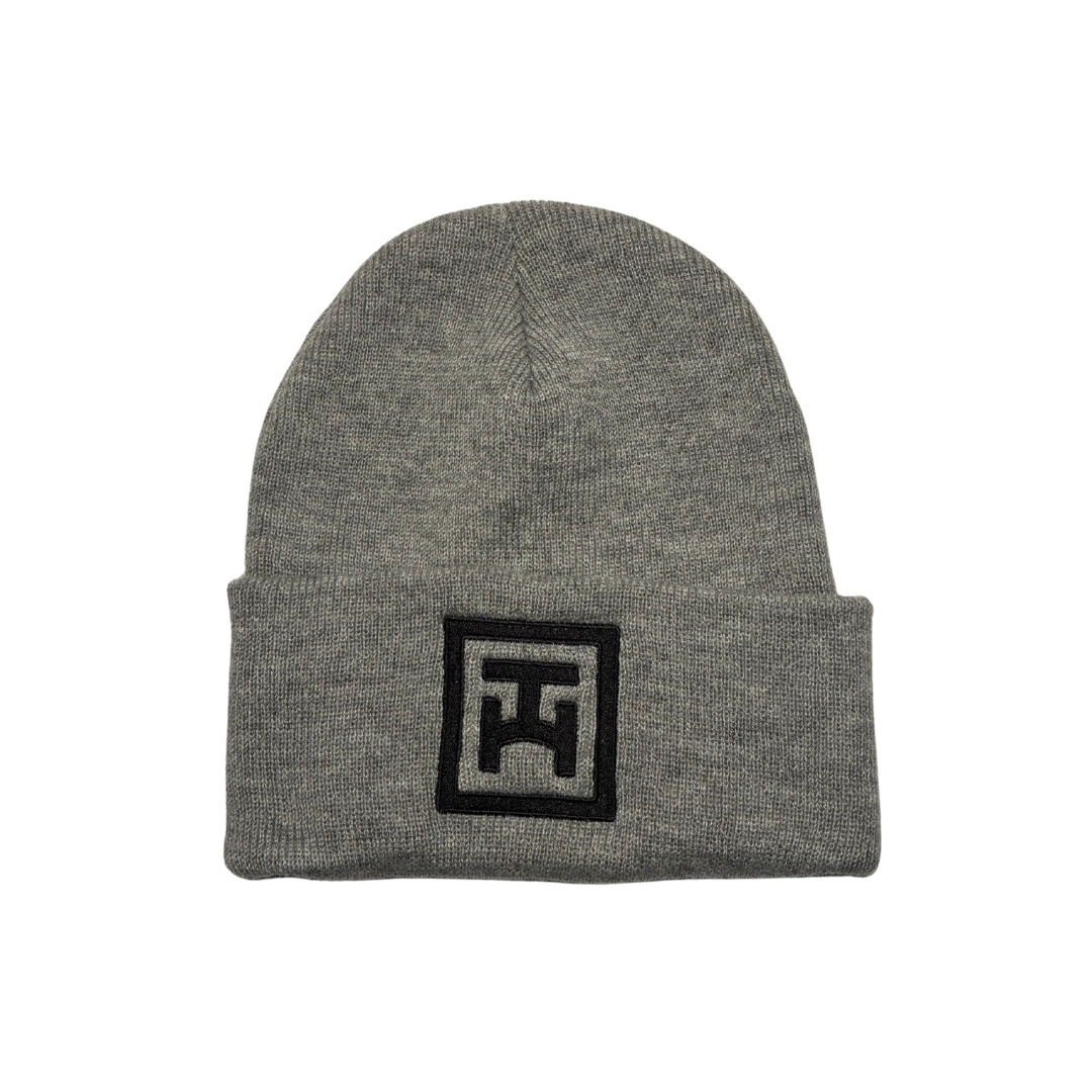 Grey Cuffed Beanie, Black Icon Logo